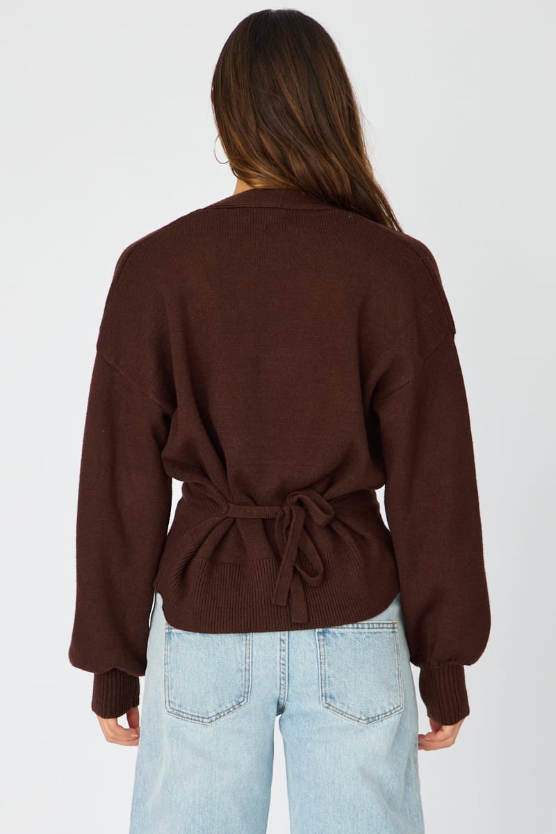 Brown V-neck Knit With Back Tie Long Sleeve for Ally Fashion
