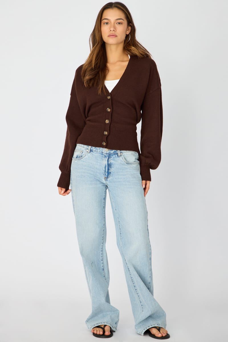 Brown V-neck Knit With Back Tie Long Sleeve for Ally Fashion