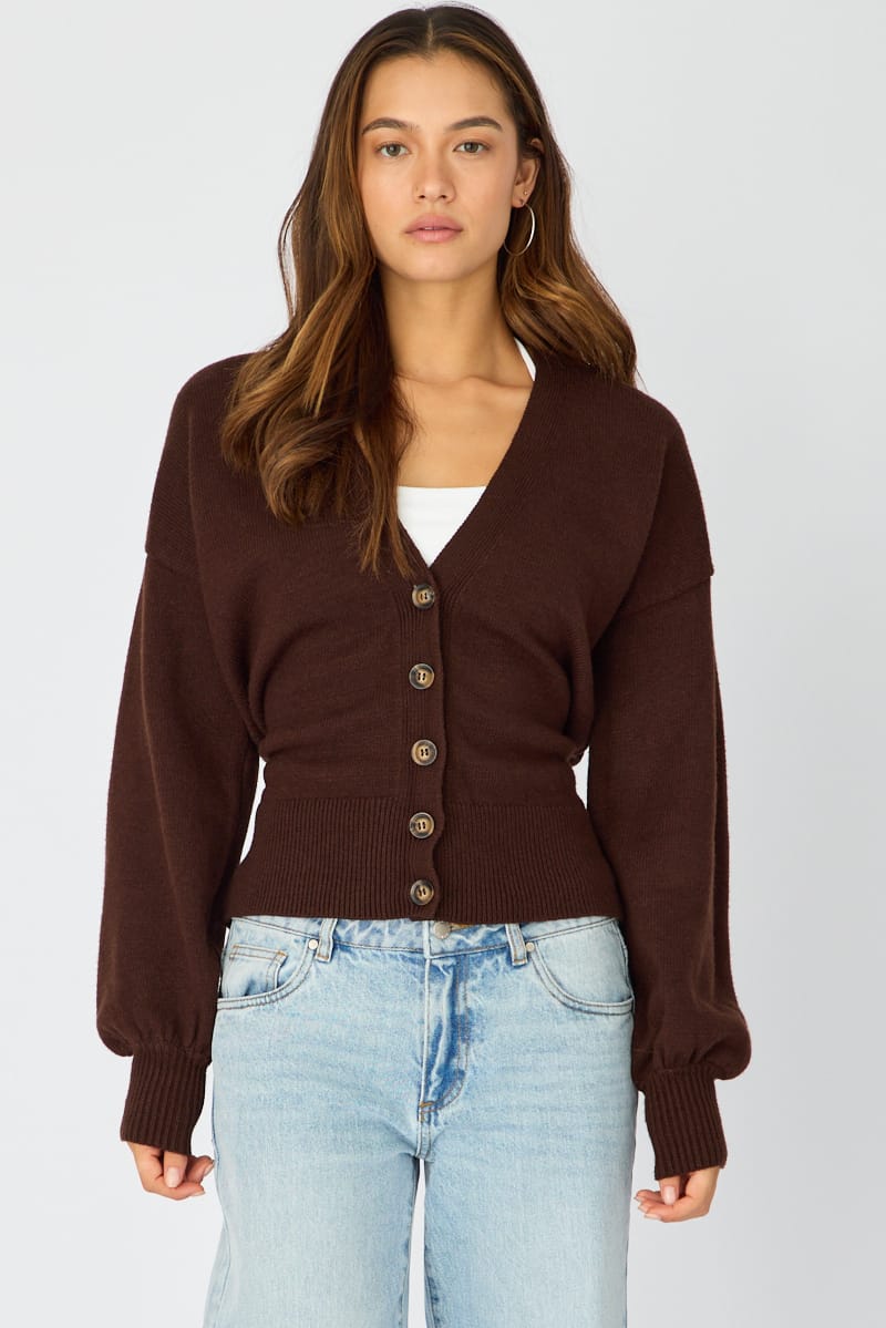 Brown V-neck Knit With Back Tie Long Sleeve for Ally Fashion