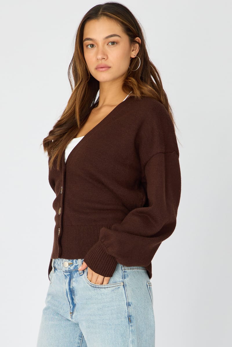 Brown V-neck Knit With Back Tie Long Sleeve for Ally Fashion