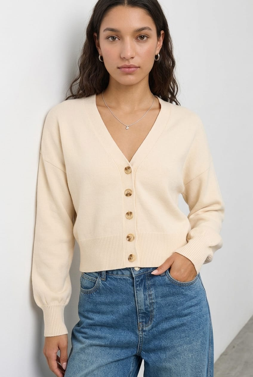 Beige V-Neck Knit With Back-Tie Long-Sleeve from Ally Fashion