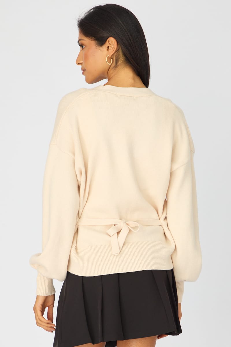 White V-neck Knit With Back Tie Long Sleeve for Ally Fashion