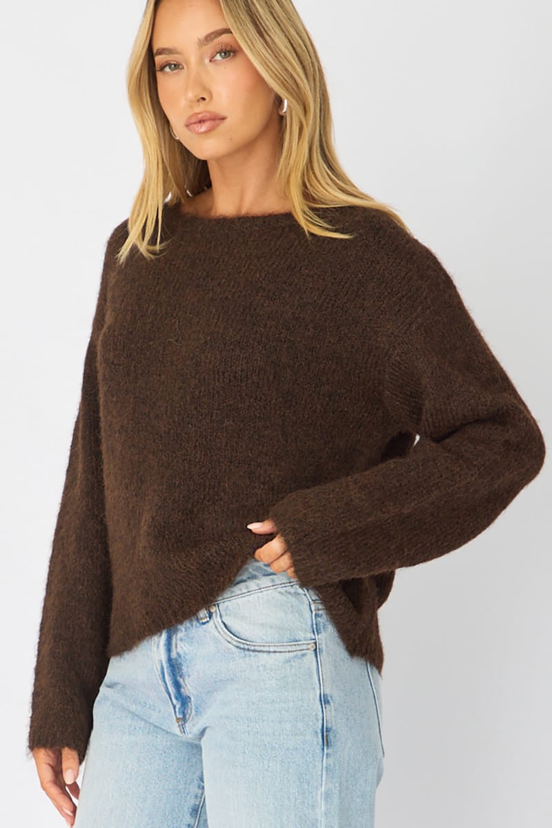 Brown Loose Long Sleeve Boat Neck Knit for Ally Fashion