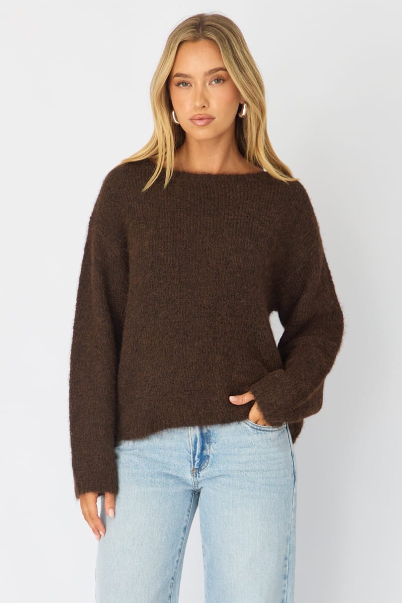 Brown Loose Long Sleeve Boat Neck Knit for Ally Fashion