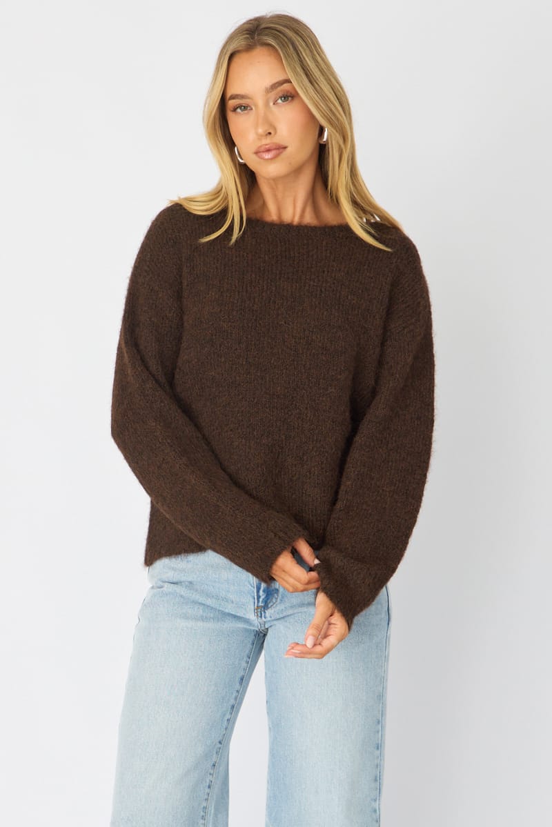 Brown Loose Long Sleeve Boat Neck Knit for Ally Fashion