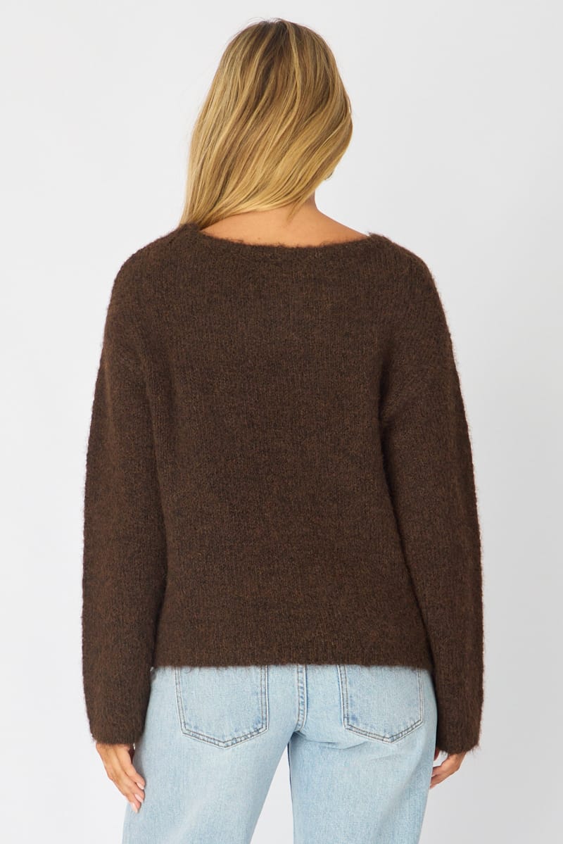 Brown Loose Long Sleeve Boat Neck Knit for Ally Fashion