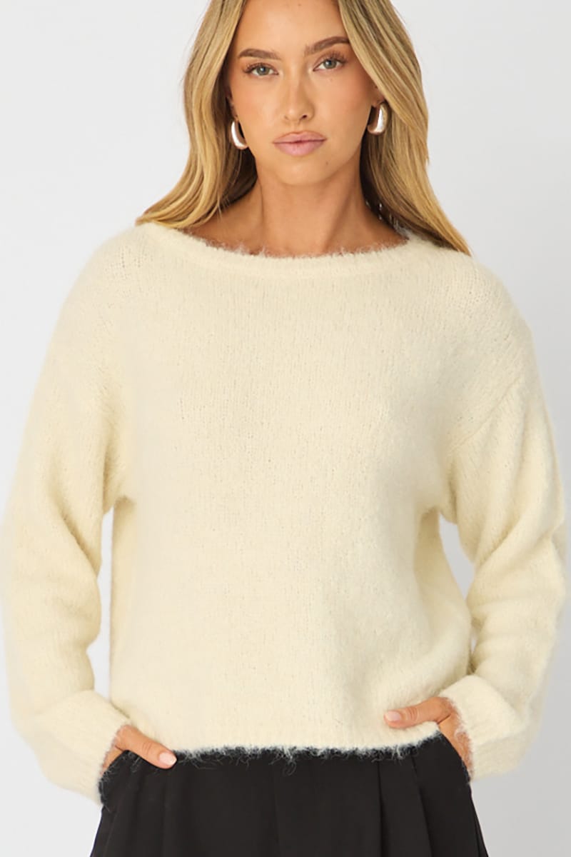 White Loose Long Sleeve Boat Neck Knit for Ally Fashion