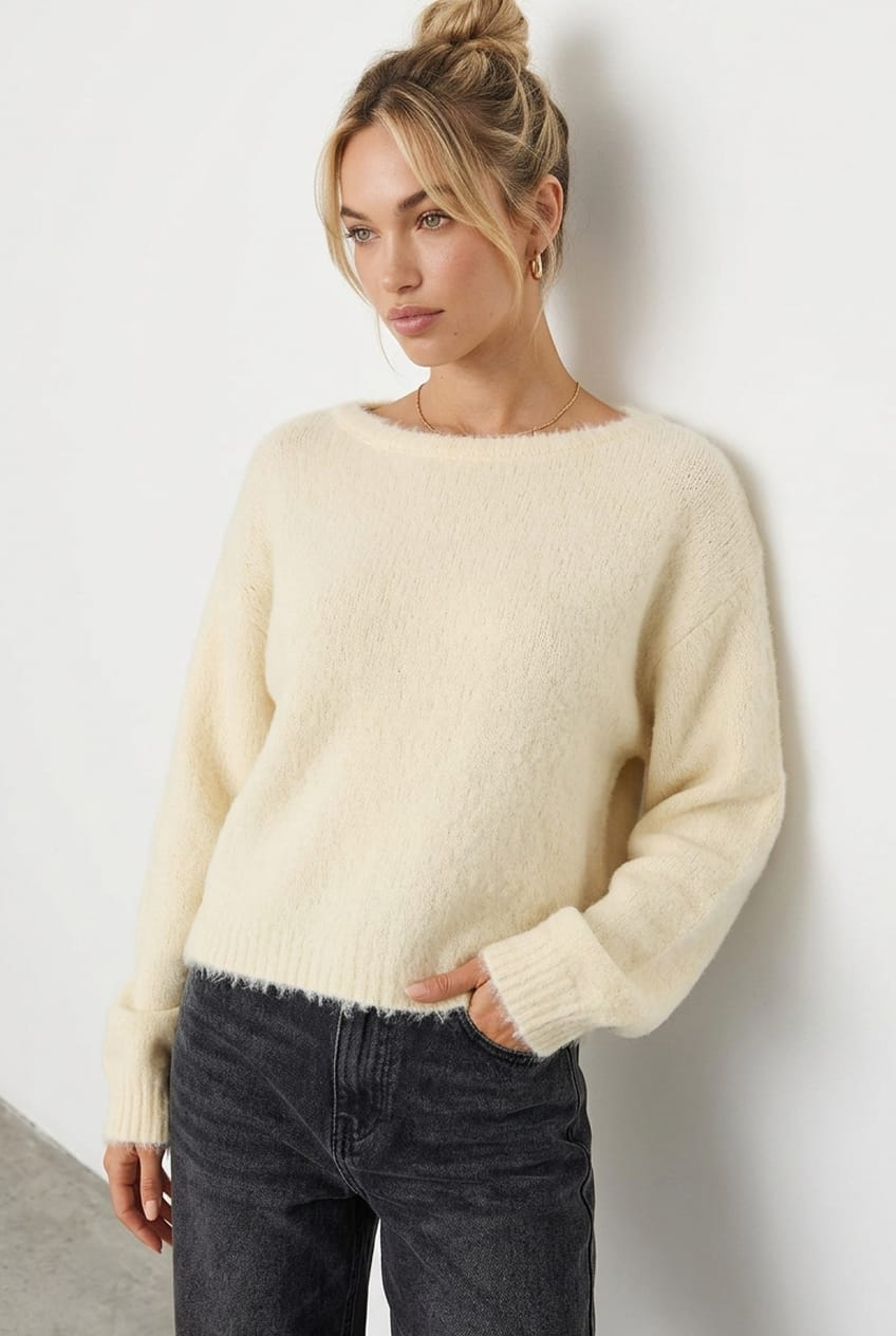 White Loose Long Sleeve Boat Neck Knit for Ally Fashion