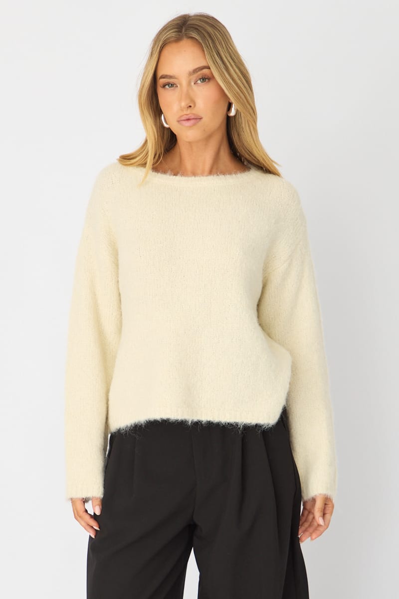 White Loose Long Sleeve Boat Neck Knit for Ally Fashion