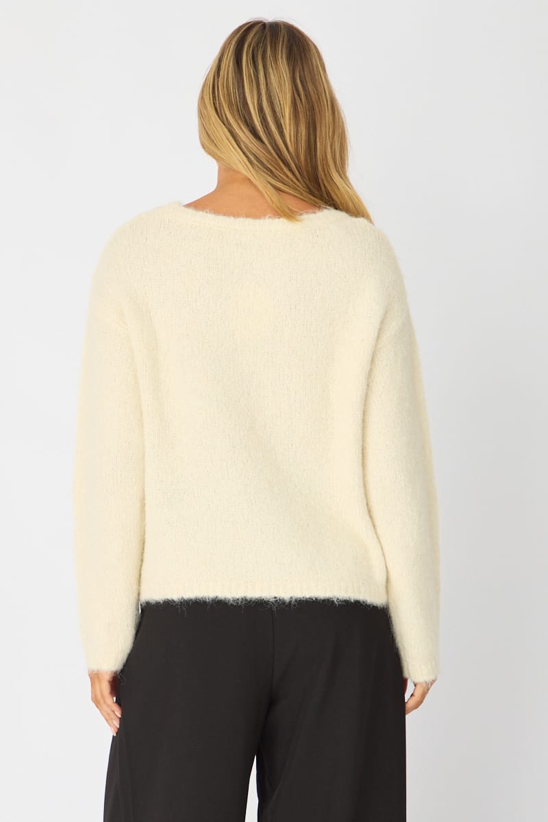 White Loose Long Sleeve Boat Neck Knit for Ally Fashion