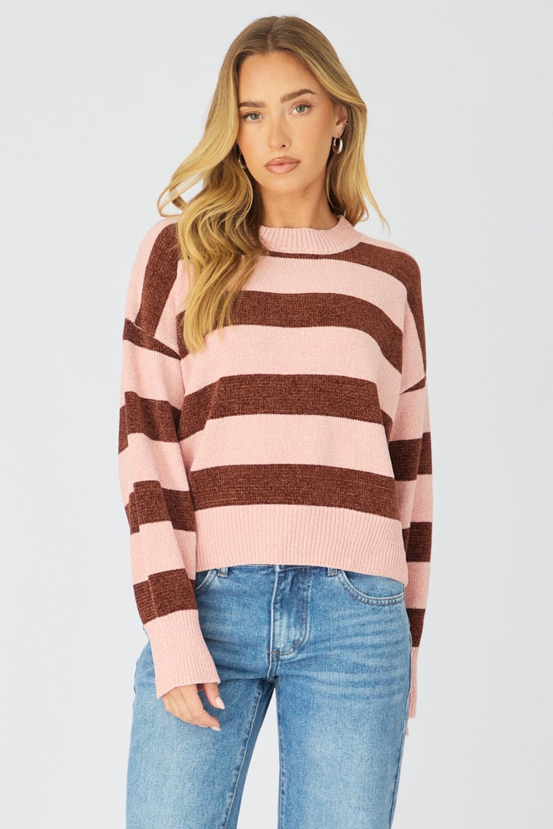 Pink Stripe Chenille Stripe Knit Sweater for Ally Fashion