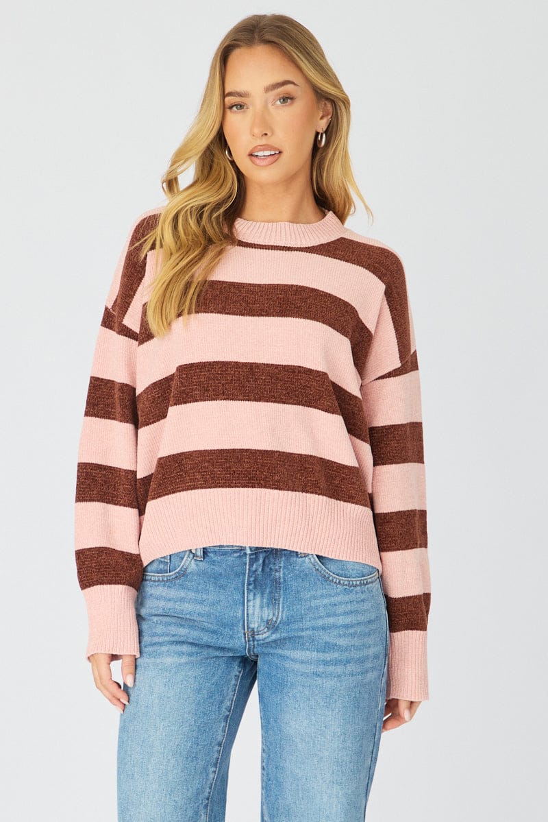 Pink Stripe Chenille Stripe Knit Sweater for Ally Fashion