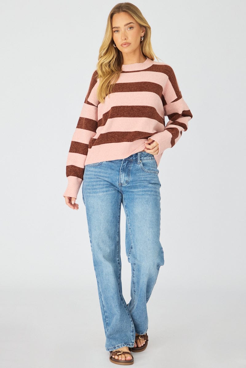 Pink Stripe Chenille Stripe Knit Sweater for Ally Fashion