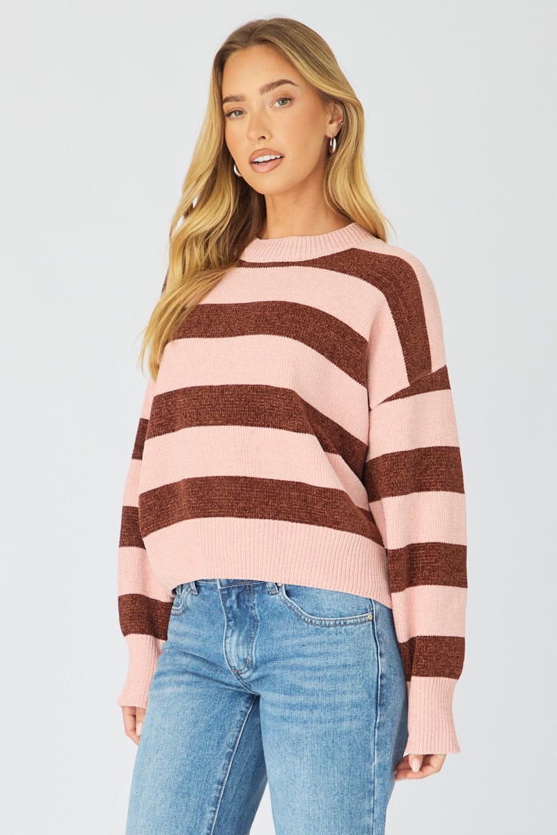 Pink Stripe Chenille Stripe Knit Sweater for Ally Fashion