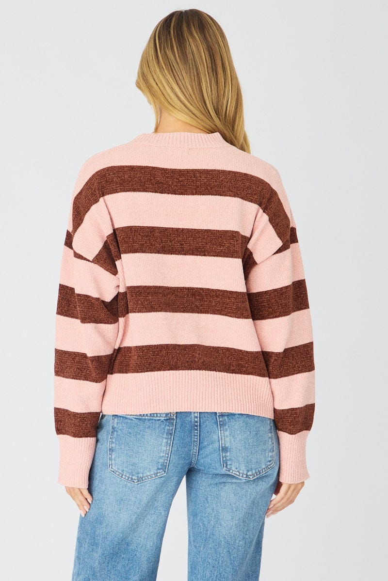 Pink Stripe Chenille Stripe Knit Sweater for Ally Fashion