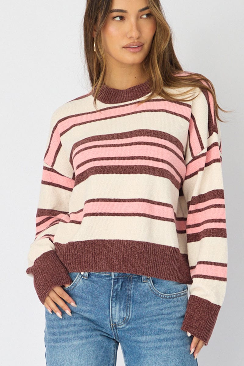 Brown Stripe Chenille Stripe Knit Sweater for Ally Fashion