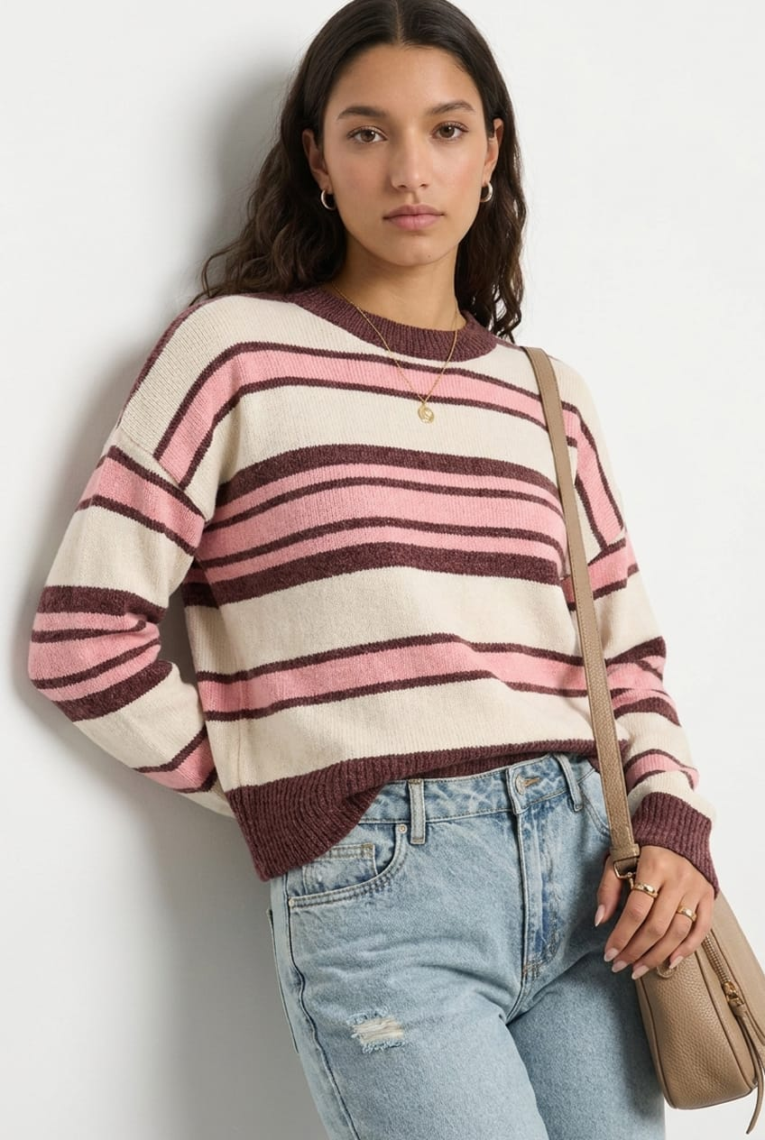 Brown Stripe Chenille Stripe Knit Sweater for Ally Fashion
