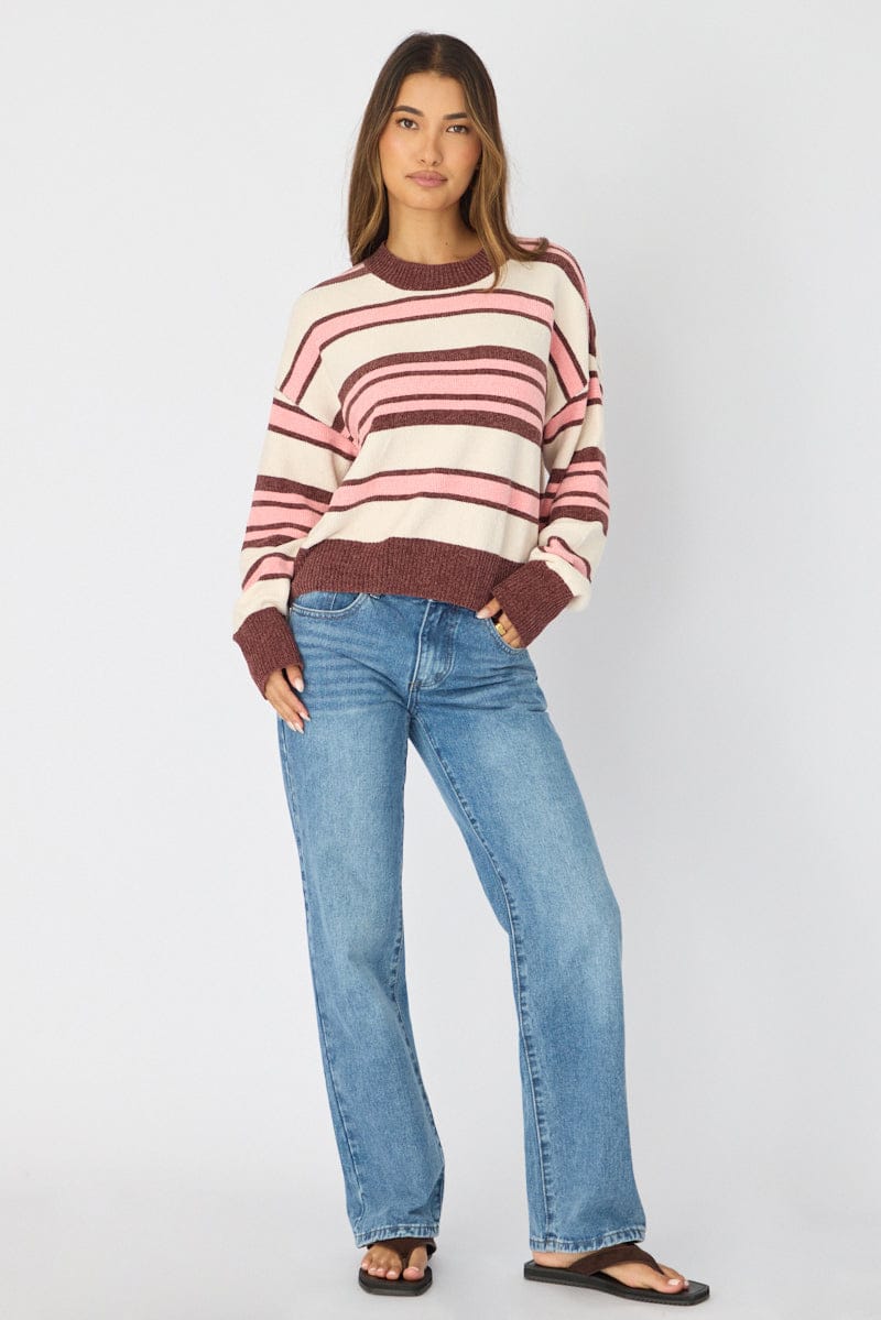 Brown Stripe Chenille Stripe Knit Sweater for Ally Fashion