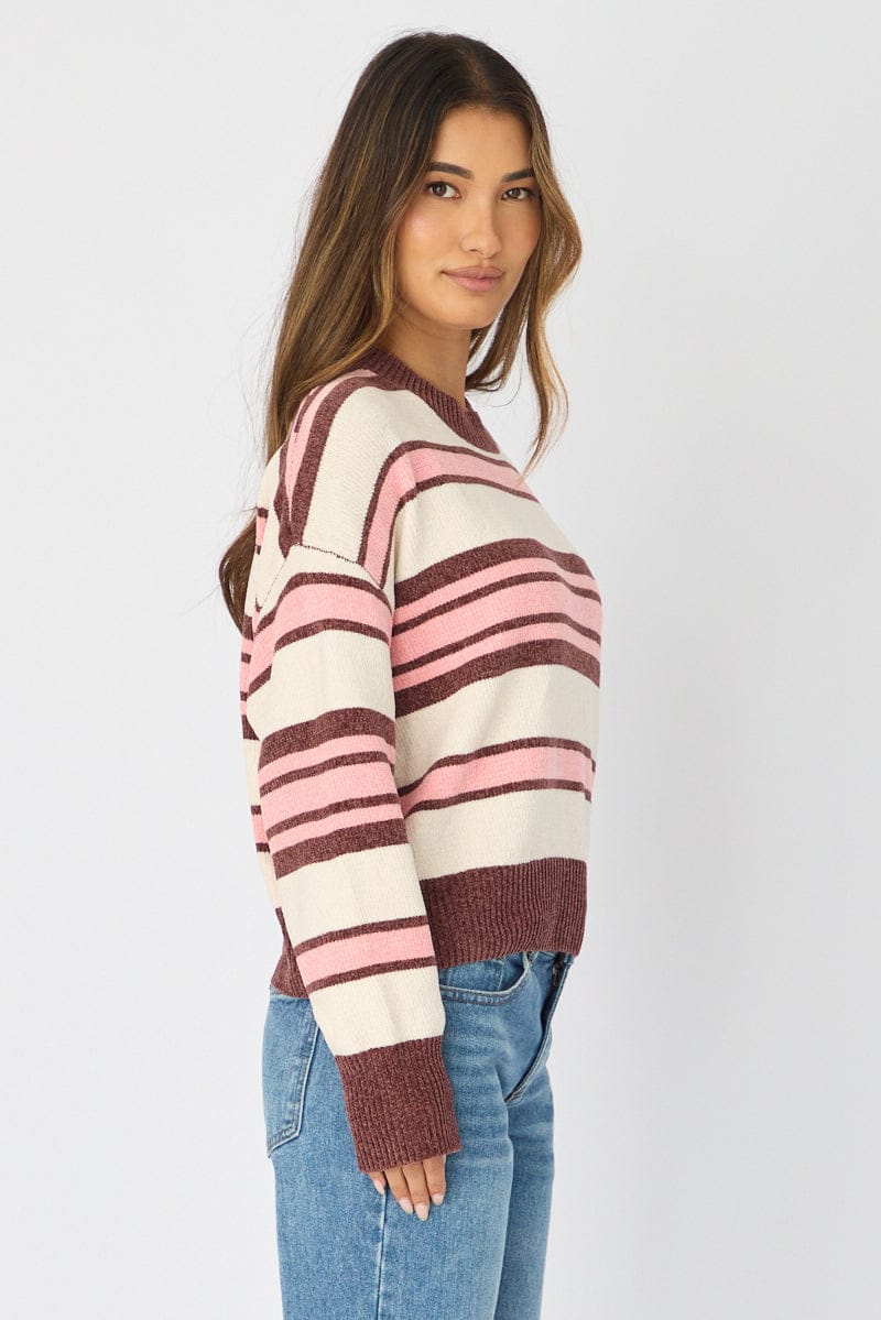 Brown Stripe Chenille Stripe Knit Sweater for Ally Fashion