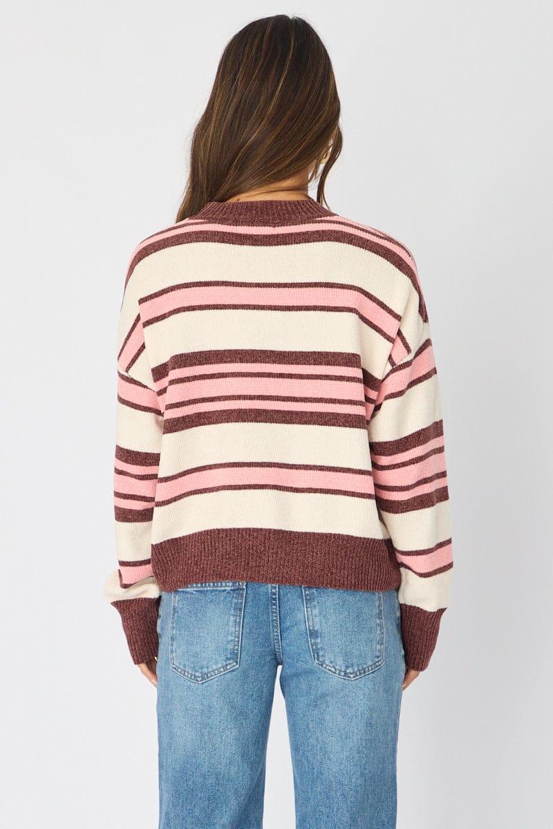 Brown Stripe Chenille Stripe Knit Sweater for Ally Fashion