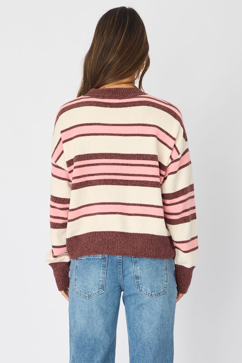 Brown Stripe Chenille Stripe Knit Sweater for Ally Fashion