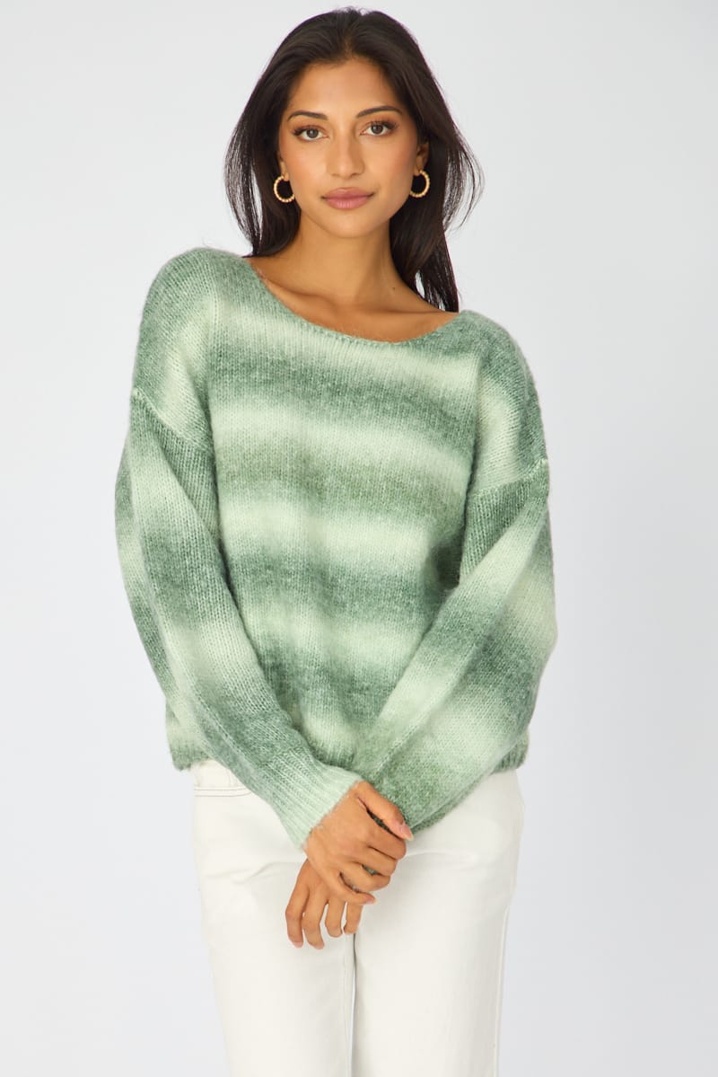 Green Abstract Ombre Stripe Knit Sweater Boat Neck for Ally Fashion