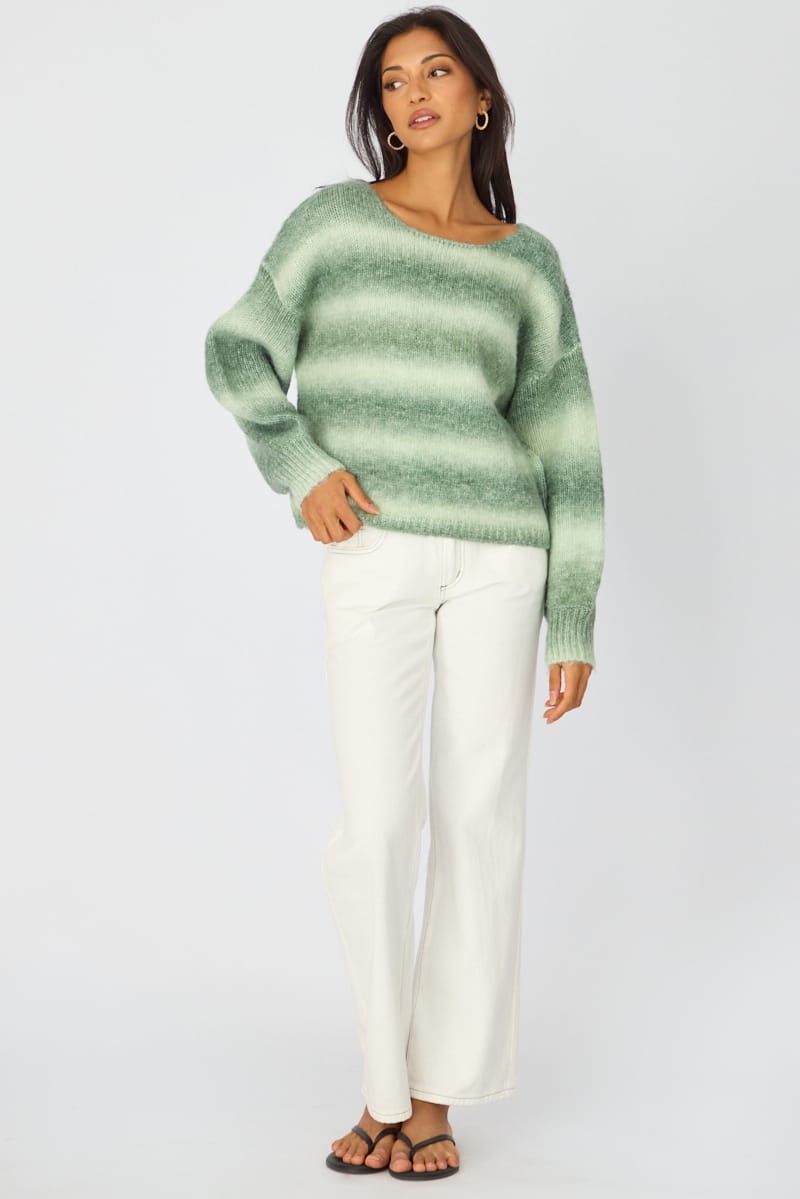 Green Abstract Ombre Stripe Knit Sweater Boat Neck for Ally Fashion