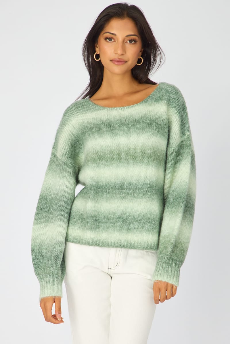 Green Abstract Ombre Stripe Knit Sweater Boat Neck for Ally Fashion