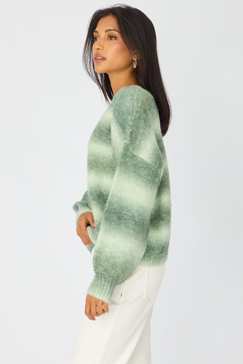 Green Abstract Ombre Stripe Knit Sweater Boat Neck for Ally Fashion