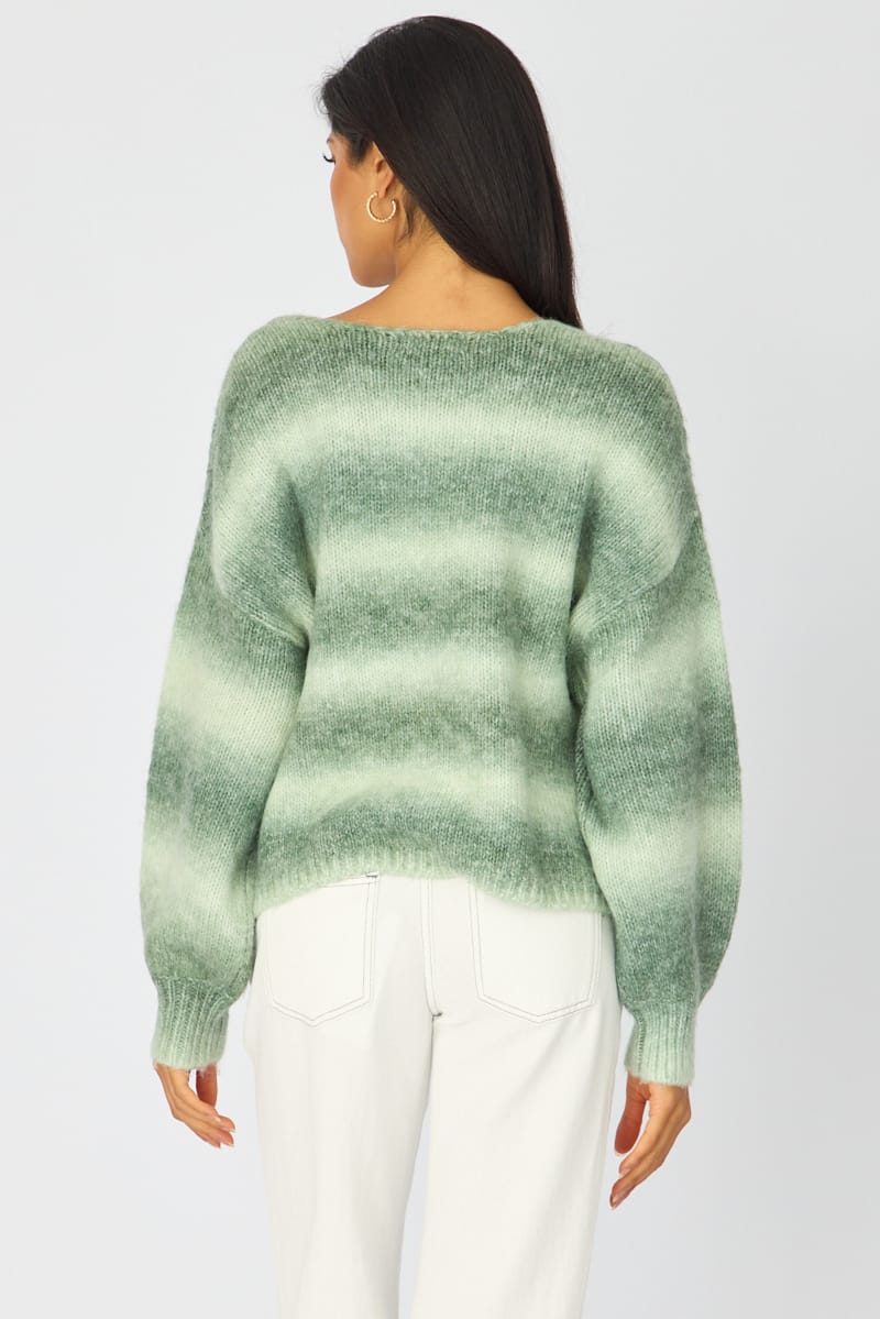 Green Abstract Ombre Stripe Knit Sweater Boat Neck for Ally Fashion