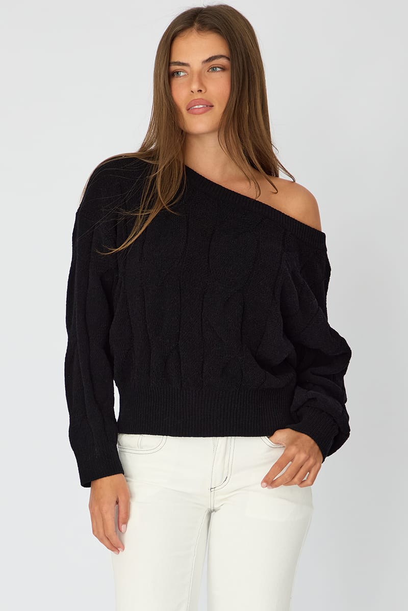 Black Cable Knit Off Shoulder Top for Ally Fashion