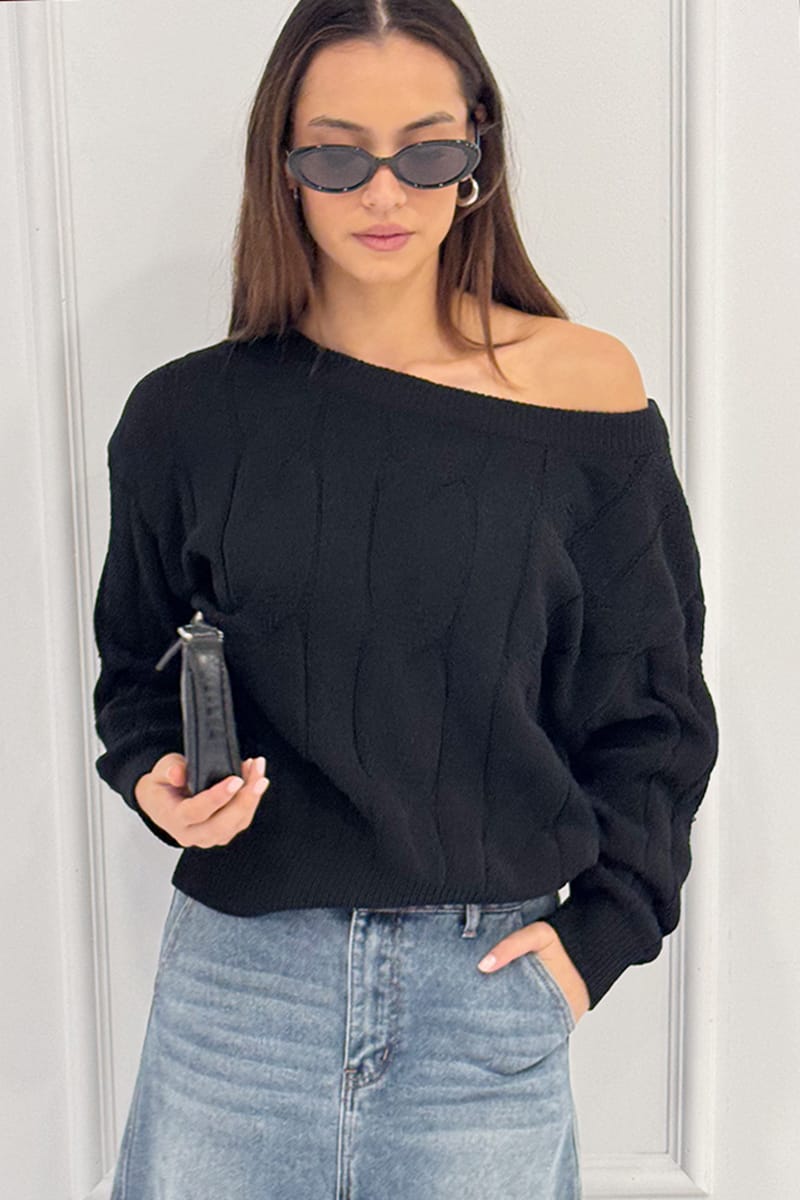 Black Cable-Knit Off-Shoulder Top from Ally Fashion
