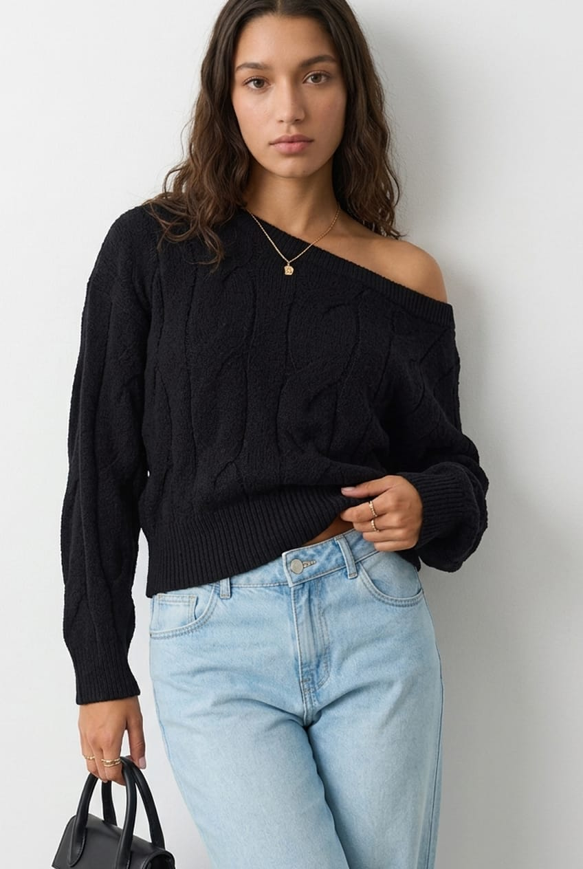 Black Cable Knit Off Shoulder Top for Ally Fashion