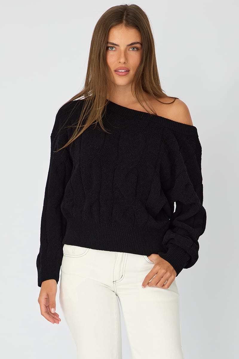 Black Cable Knit Off Shoulder Top for Ally Fashion