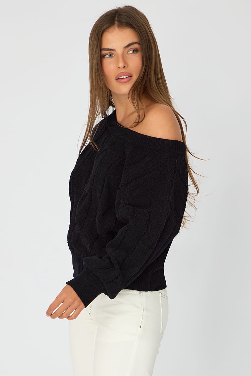 Black Cable Knit Off Shoulder Top for Ally Fashion
