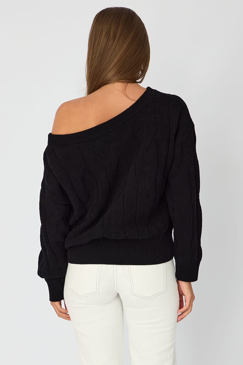 Black Cable Knit Off Shoulder Top for Ally Fashion