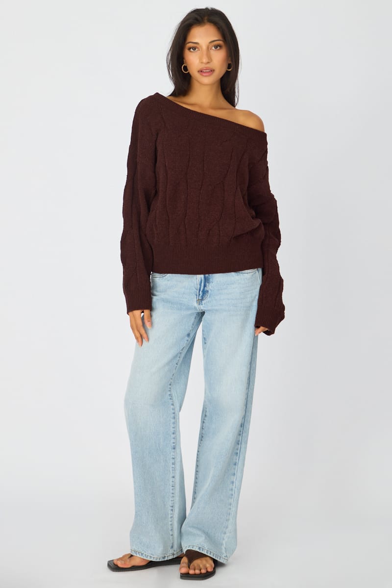 Brown Cable Knit Off Shoulder Top for Ally Fashion