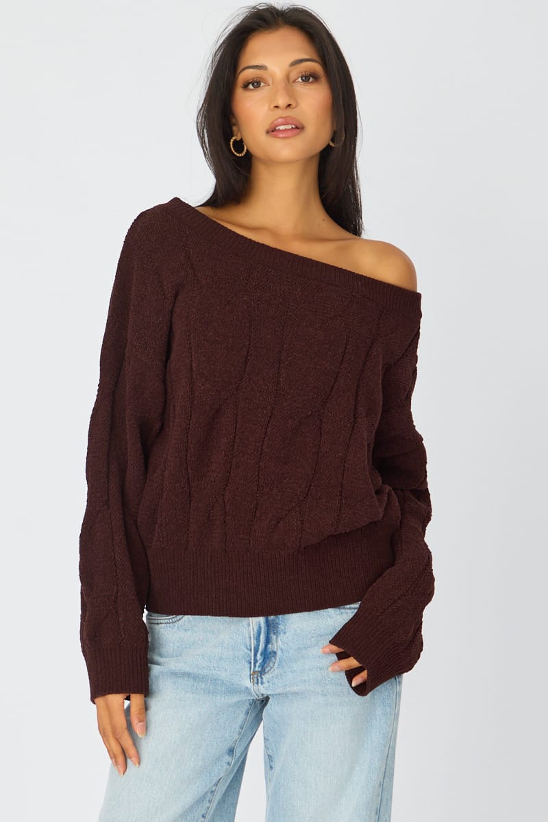 Brown Cable Knit Off Shoulder Top for Ally Fashion