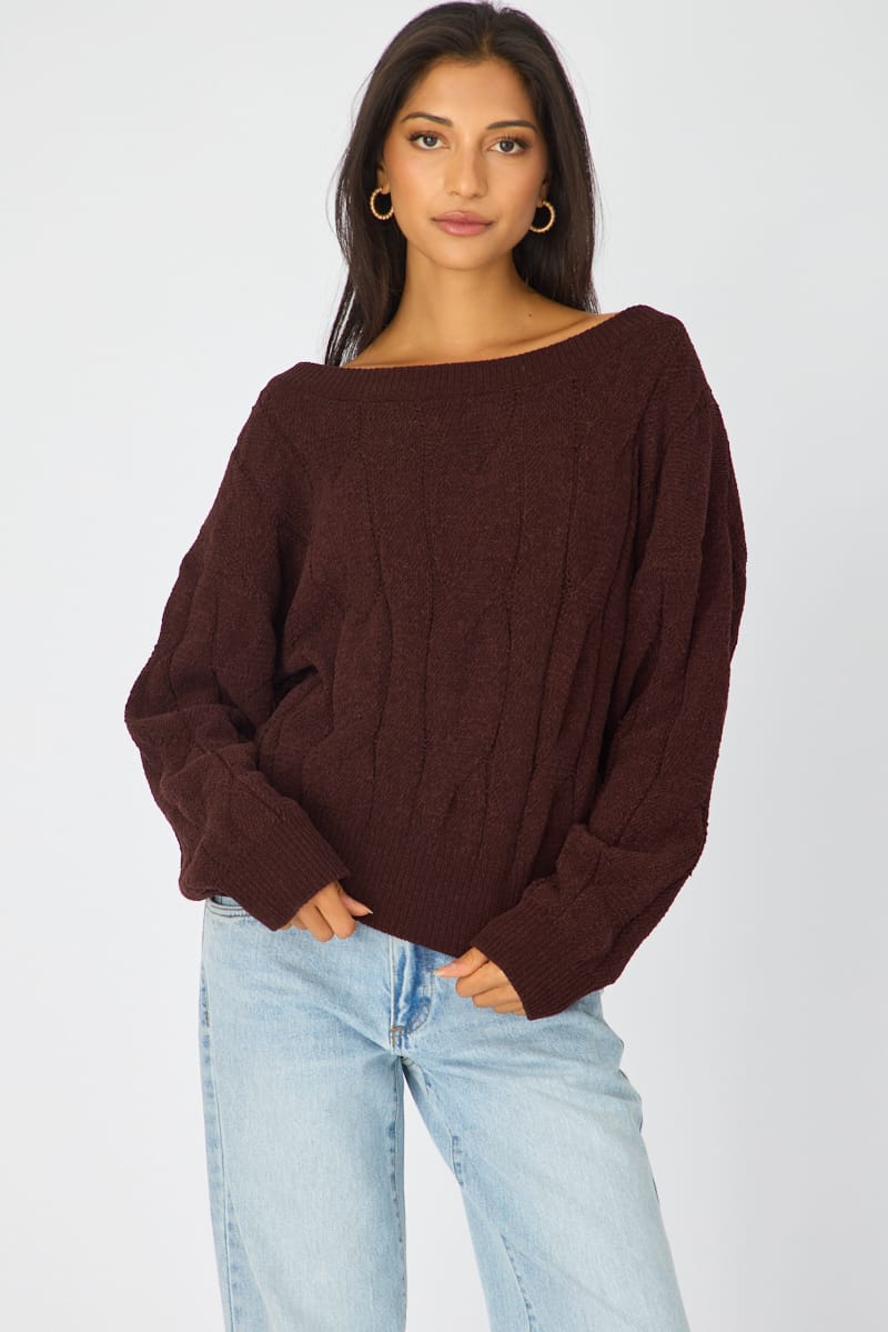 Brown Cable Knit Off Shoulder Top for Ally Fashion