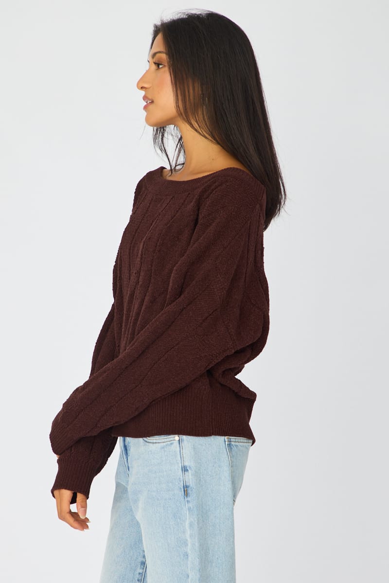 Brown Cable Knit Off Shoulder Top for Ally Fashion