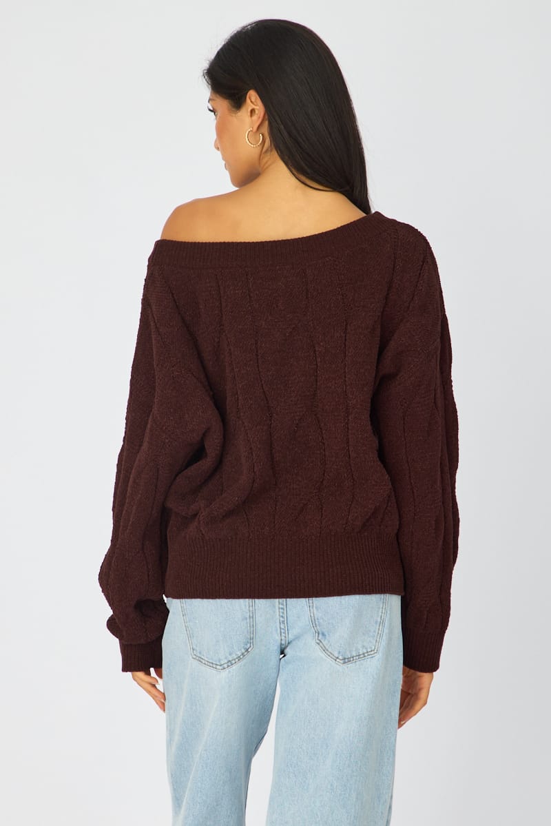 Brown Cable Knit Off Shoulder Top for Ally Fashion
