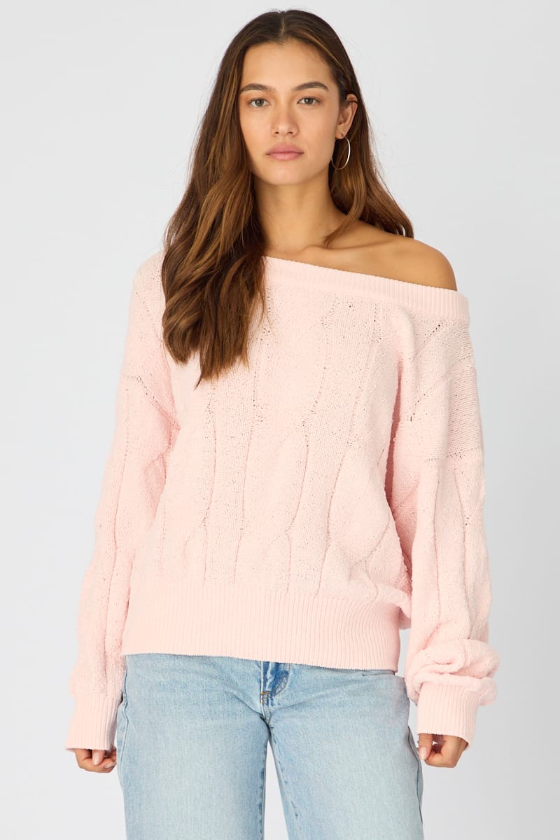 Pink Cable Knit Off Shoulder Top for Ally Fashion