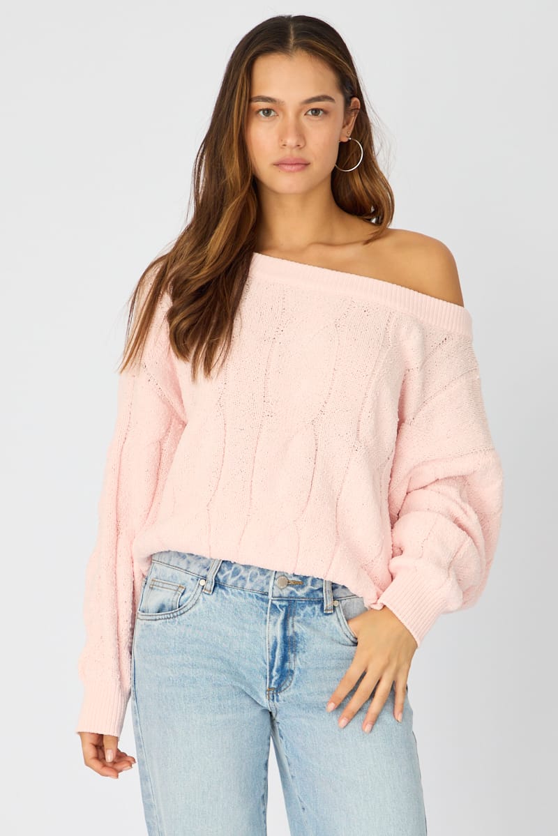 Pink Cable Knit Off Shoulder Top for Ally Fashion