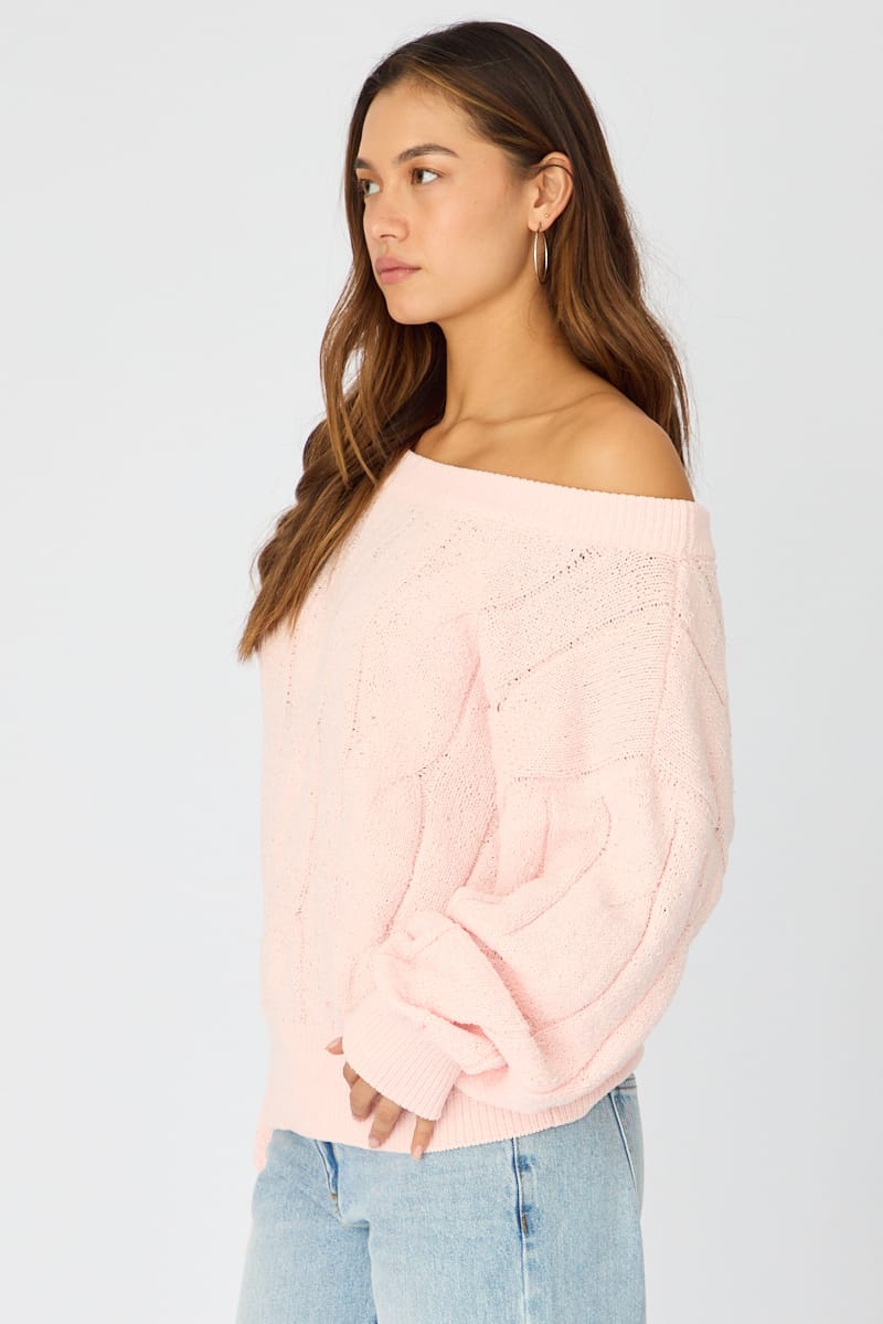 Pink Cable Knit Off Shoulder Top for Ally Fashion