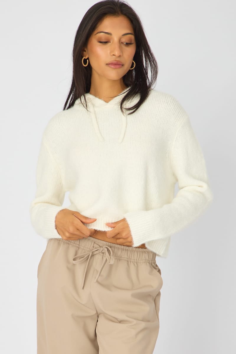 White Knit Hoodie Long Sleeve for Ally Fashion