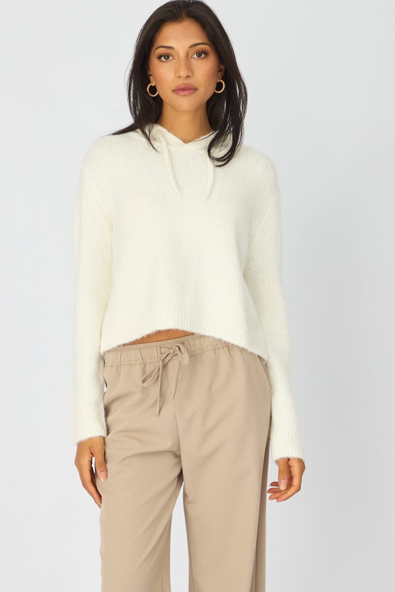 White Knit Hoodie Long Sleeve for Ally Fashion