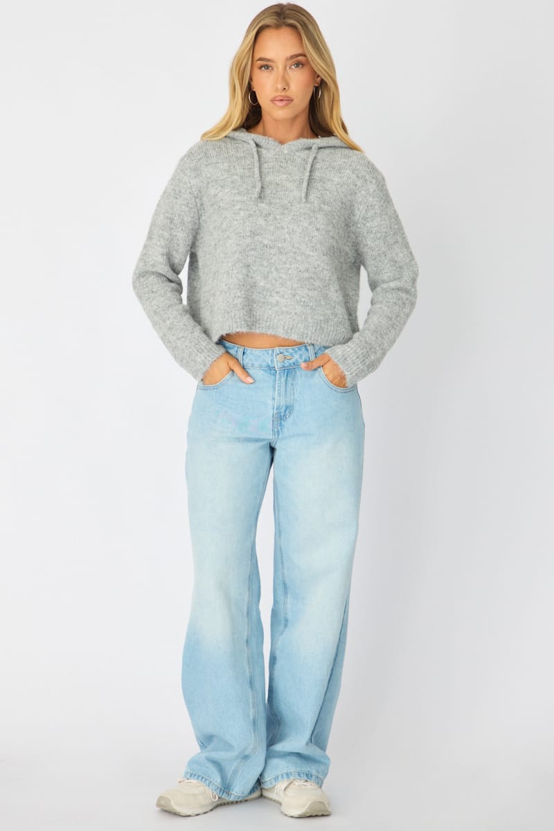 Grey Knit Hoodie Long Sleeve for Ally Fashion