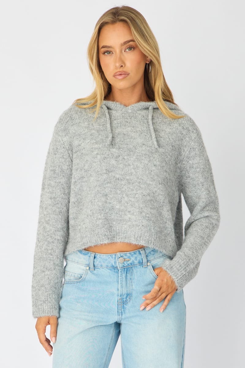Grey Knit Hoodie Long Sleeve for Ally Fashion