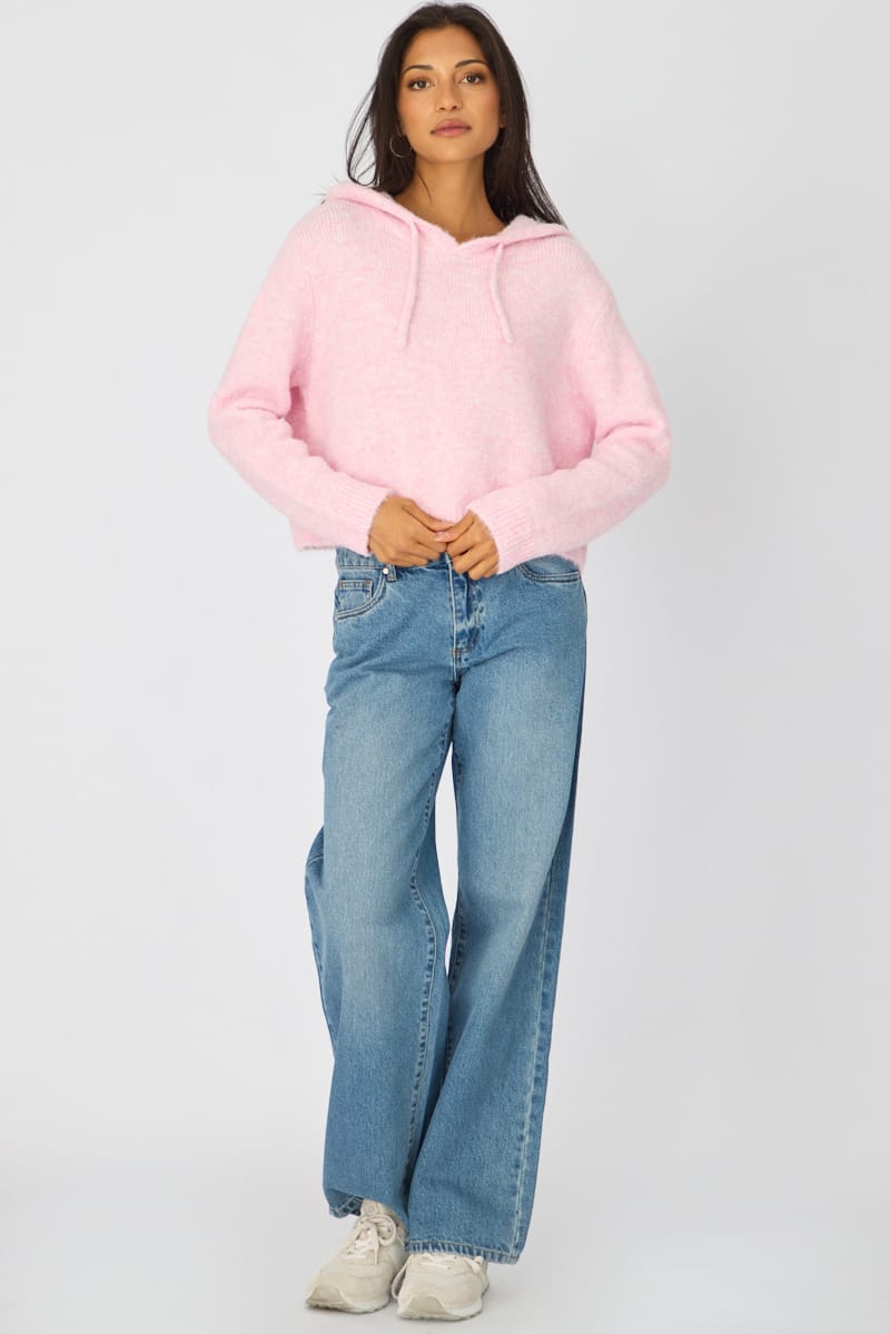 Pink Knit Hoodie Long Sleeve for Ally Fashion