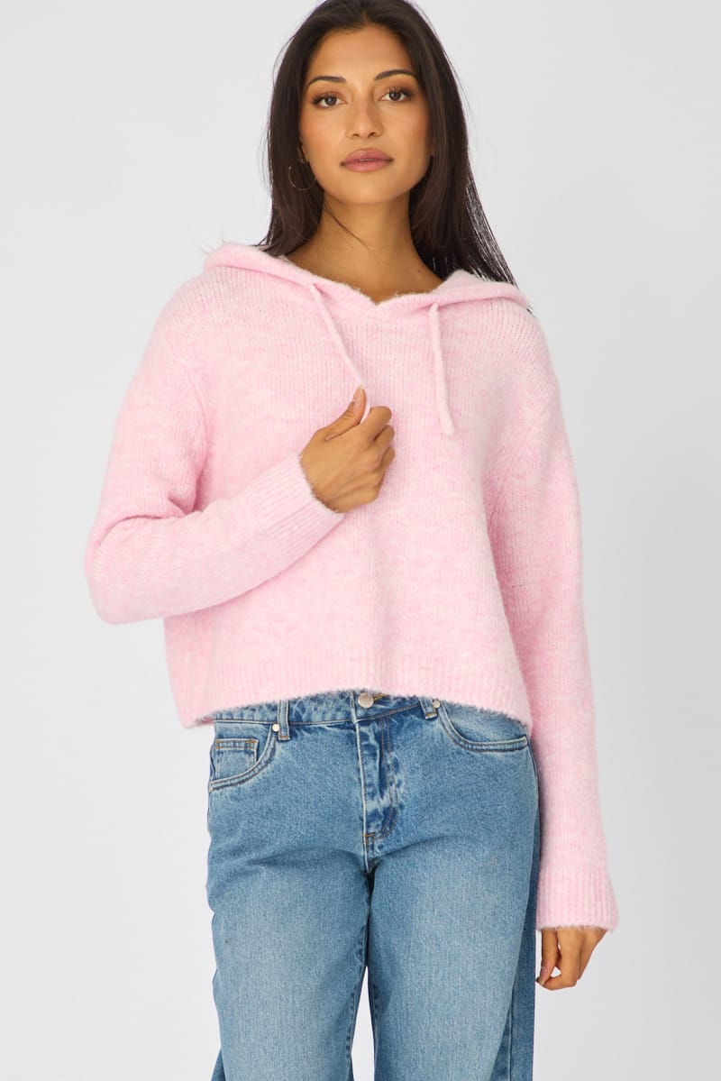Pink Knit Hoodie Long Sleeve for Ally Fashion